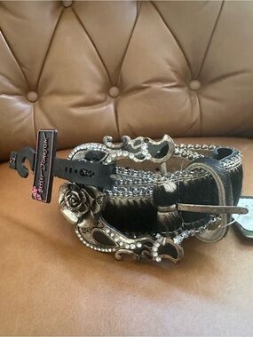 Vintage Betsy Johnson Western Crystal & Rose Hair-On Leather Belt - size small